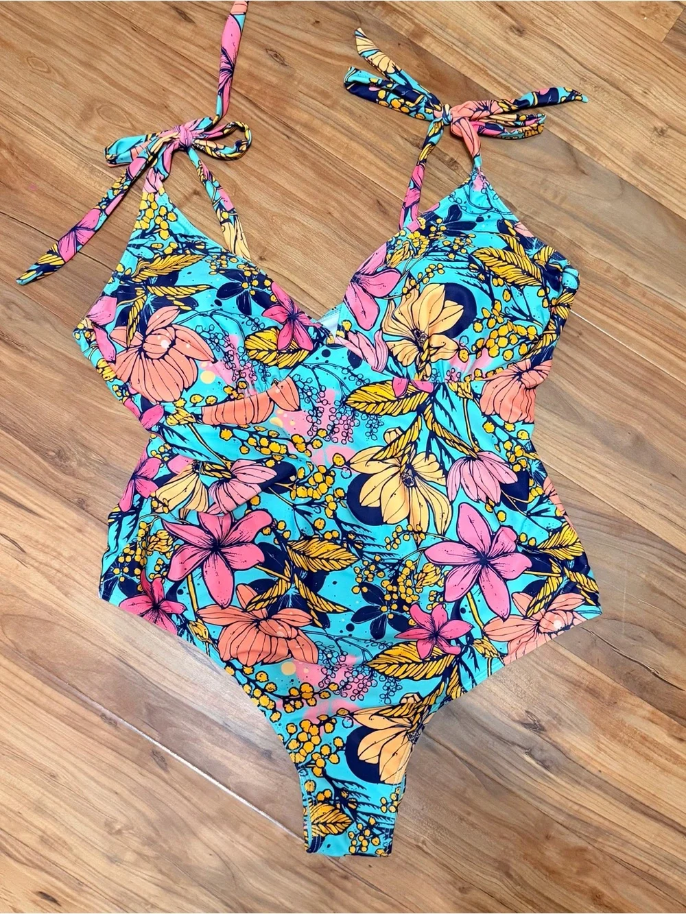 Floral One-Piece Swimsuit - Turquoise with Pink & Yellow Flowers